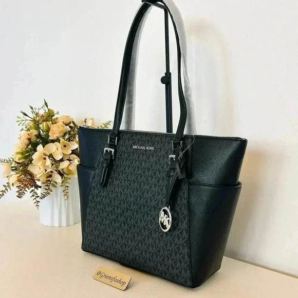 Michael Kors Purse & wallet Charlotte Top Zip Tote shoulder bag black signature - Picture 3 of 11
